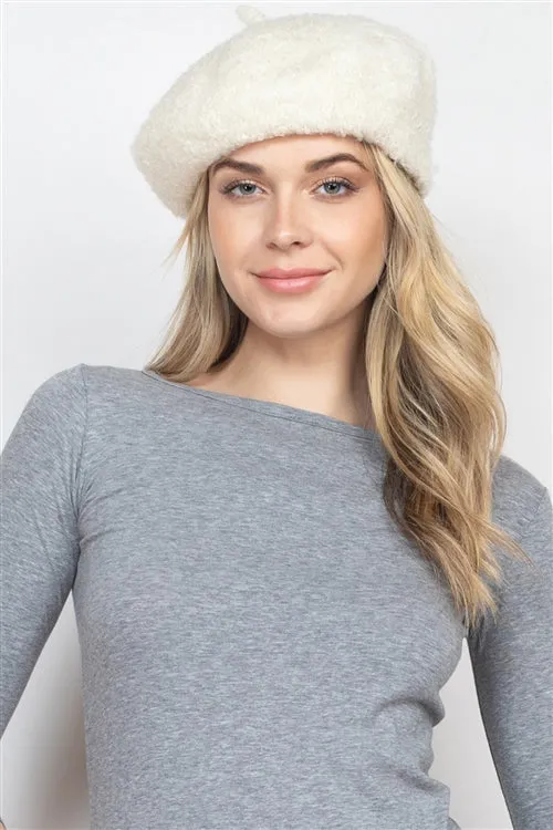 112322 Ivory Fuzzy Fleece Beret Hat