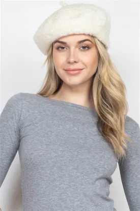 112322 Ivory Fuzzy Fleece Beret Hat