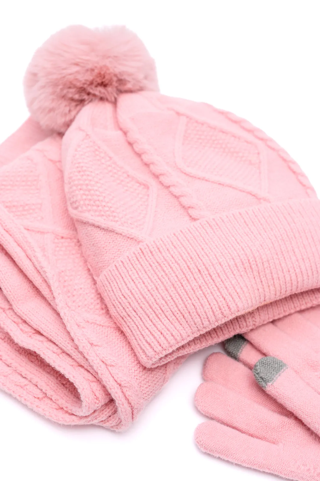 Beanie, Glove, and Scarf Set in Pink