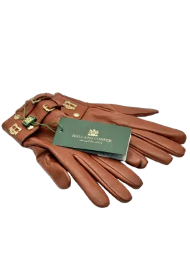 Holland Cooper Brown Monogram Leather Gloves UK S