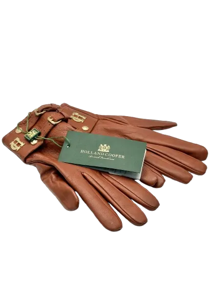 Holland Cooper Brown Monogram Leather Gloves UK S