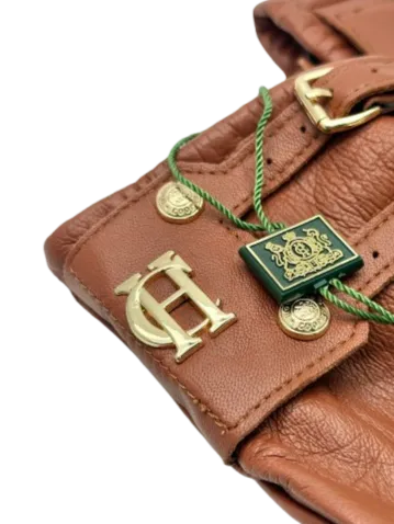 Holland Cooper Brown Monogram Leather Gloves UK S