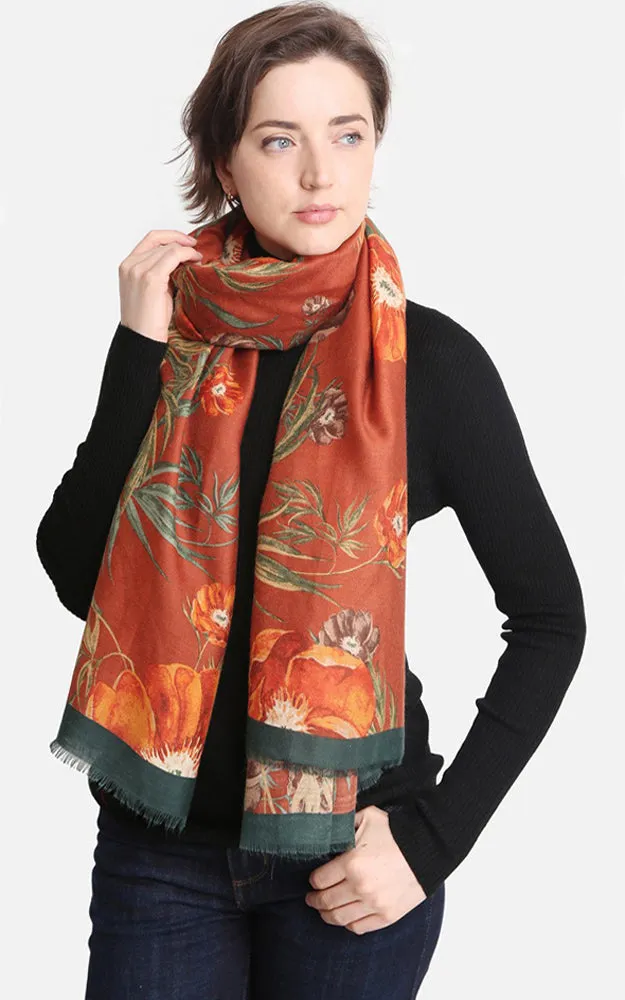 JS1403 Floral Print Oblong Scarf w/Color Edges