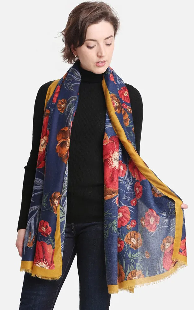 JS1403 Floral Print Oblong Scarf w/Color Edges