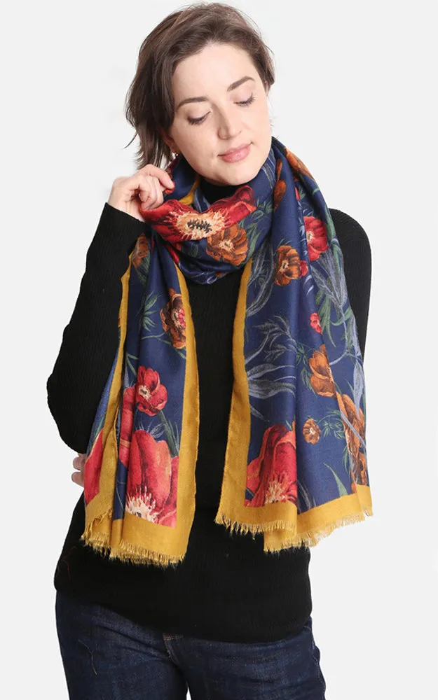 JS1403 Floral Print Oblong Scarf w/Color Edges