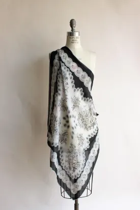 Vintage Black and White Floral Silk Scarf