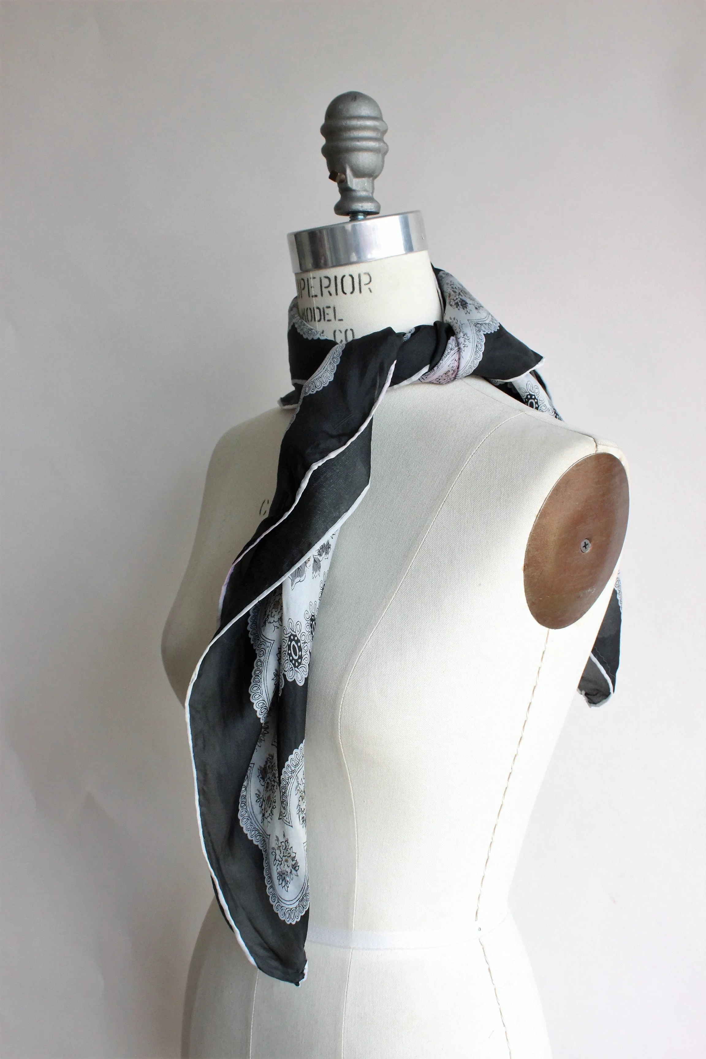Vintage Black and White Floral Silk Scarf