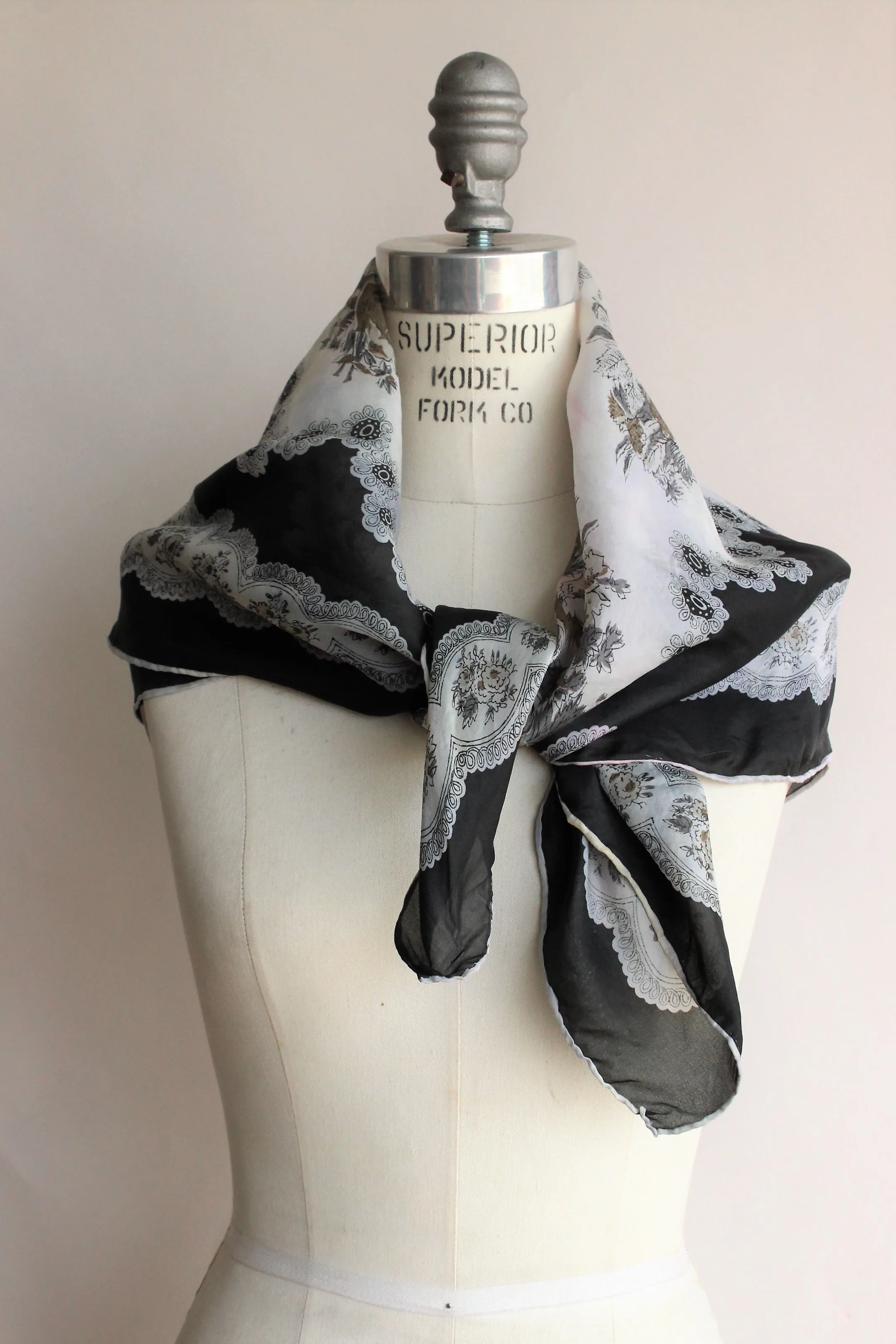 Vintage Black and White Floral Silk Scarf