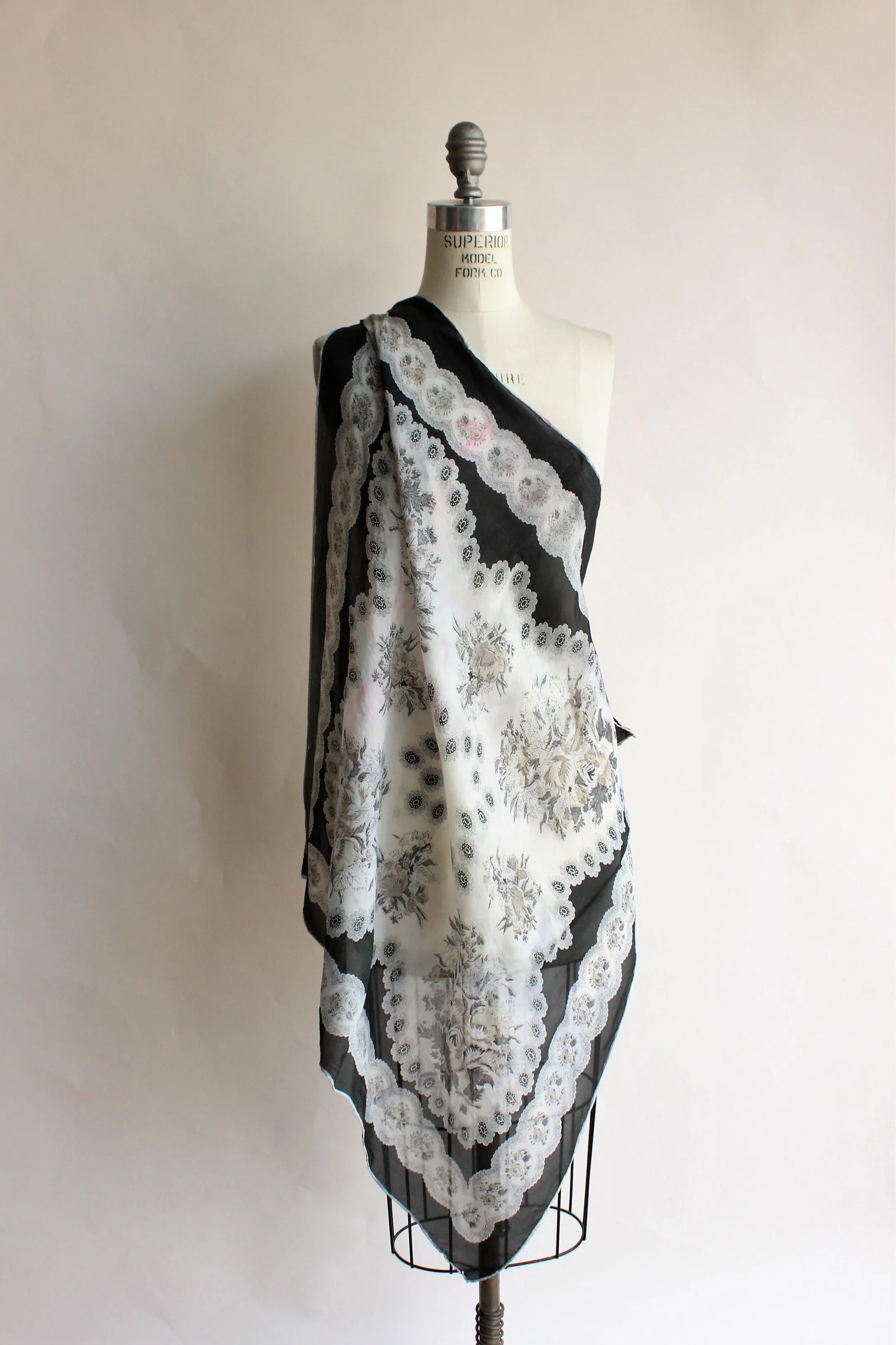 Vintage Black and White Floral Silk Scarf