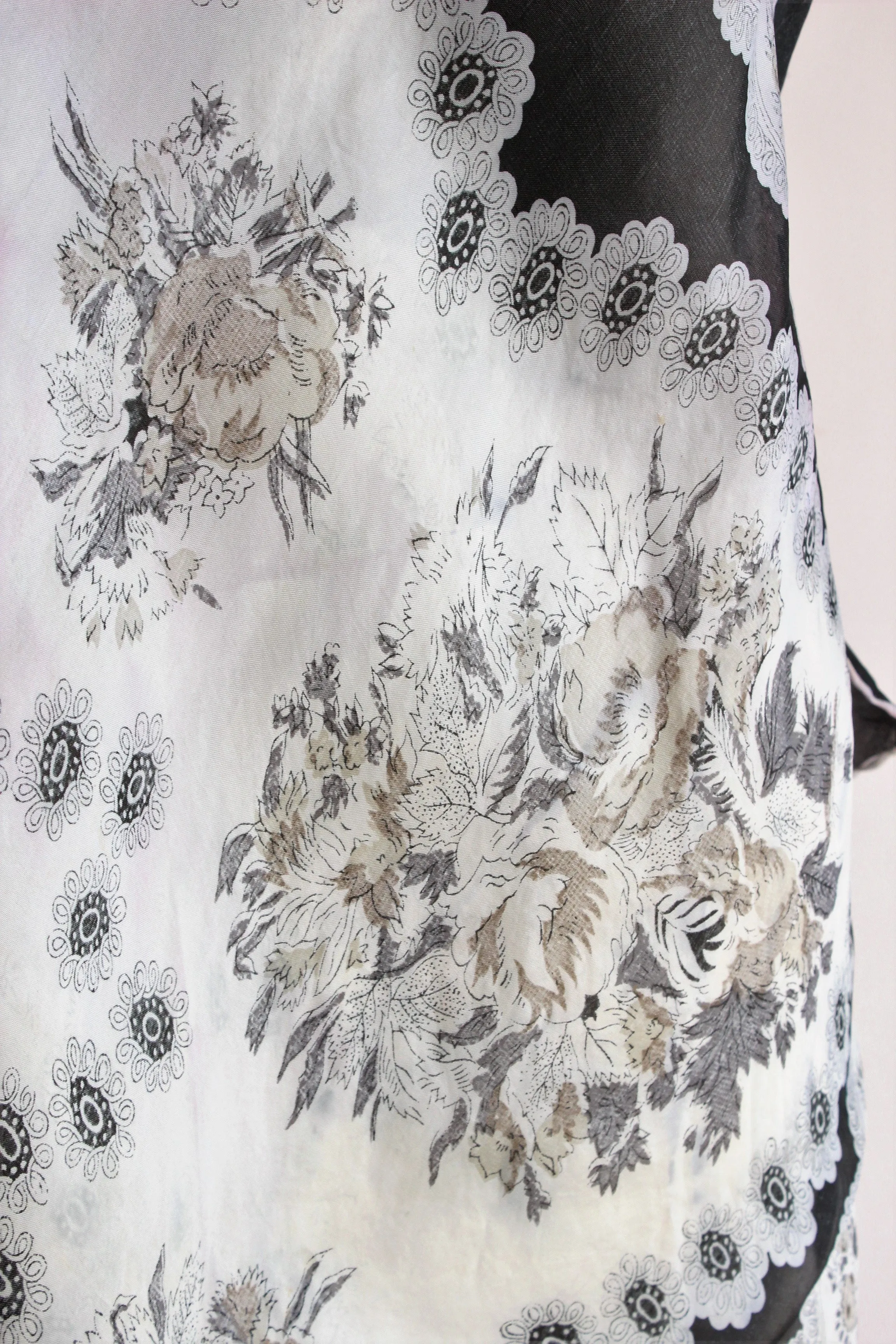 Vintage Black and White Floral Silk Scarf